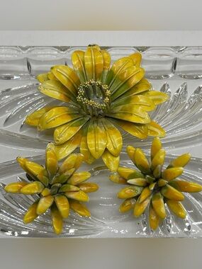 Yellow & Green Enamel Brooch/ Pin + Earrings -Layered Metal Flowers Vintage 60s